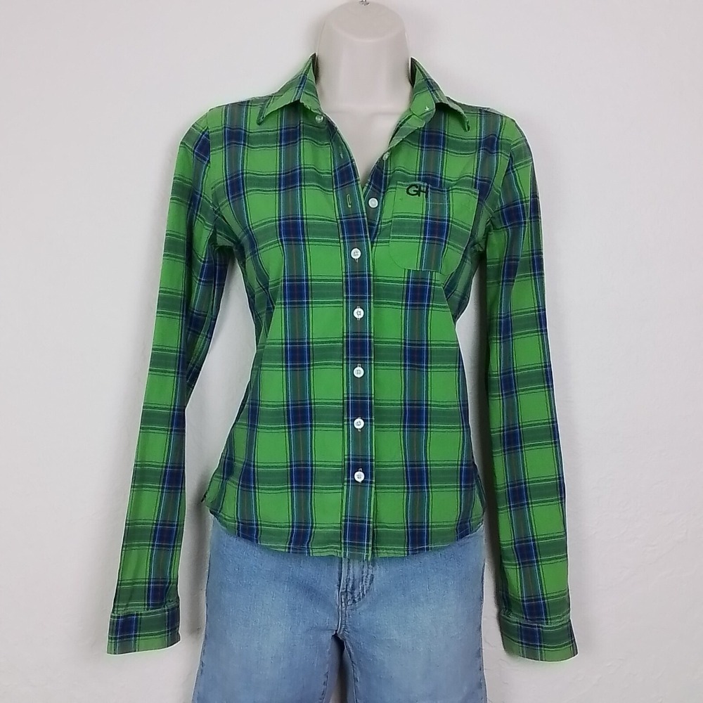 Gilly‎ Hicks Green Blue Plaid Button Down Shirt XS Long Sleeve Preppy Cotton